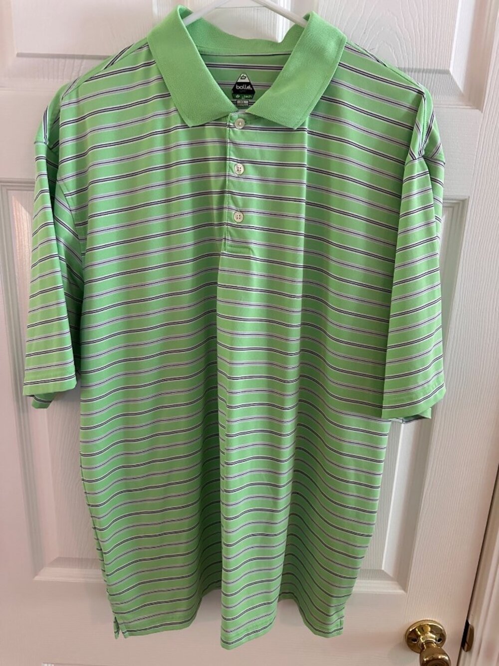 Bolle golf tech like green and gray striped polo shirt
